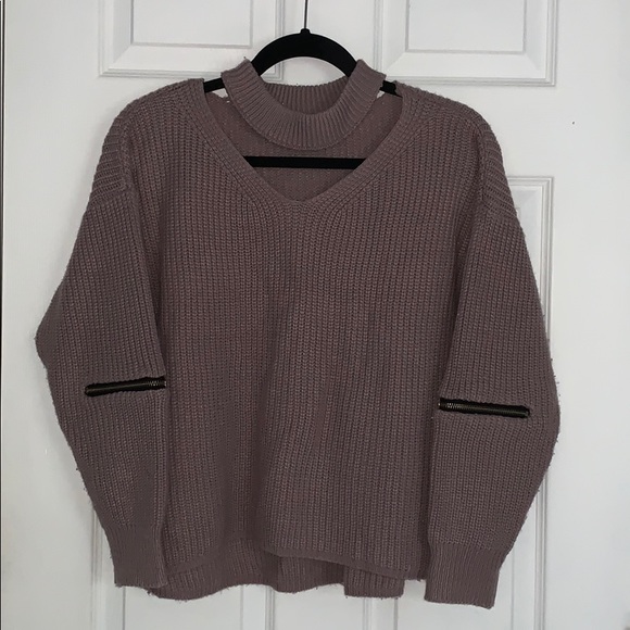 Trendy Choker V-neck sweater with zipper details - Picture 2 of 4